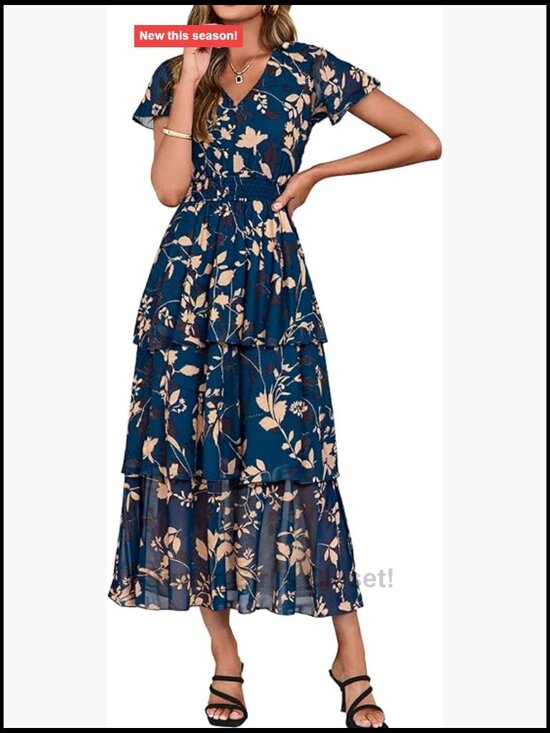 Dresses & Skirts - Women Floral Summer Maxi Dress Boho Flowy Ruffle Tiered Short Sleeve V Neck